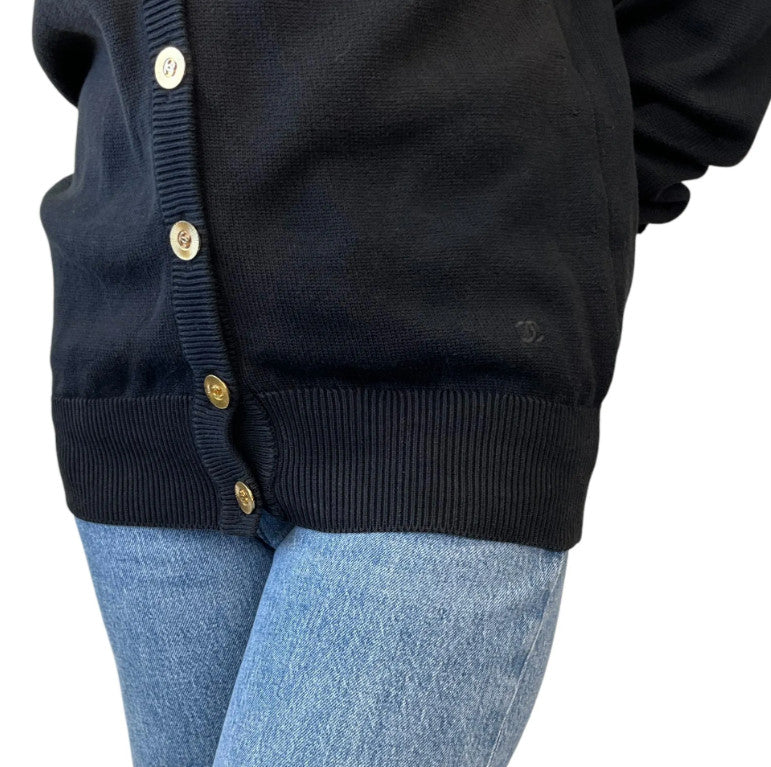 CHANEL Vintage CC Logo Cardigan Bi-color Sweater #M Button Cream Black Cotton