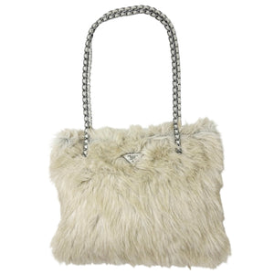 PRADA Vintage Logo Chain Tote Bag Medium Cream Silver Faux Fur Leather Rank AB
