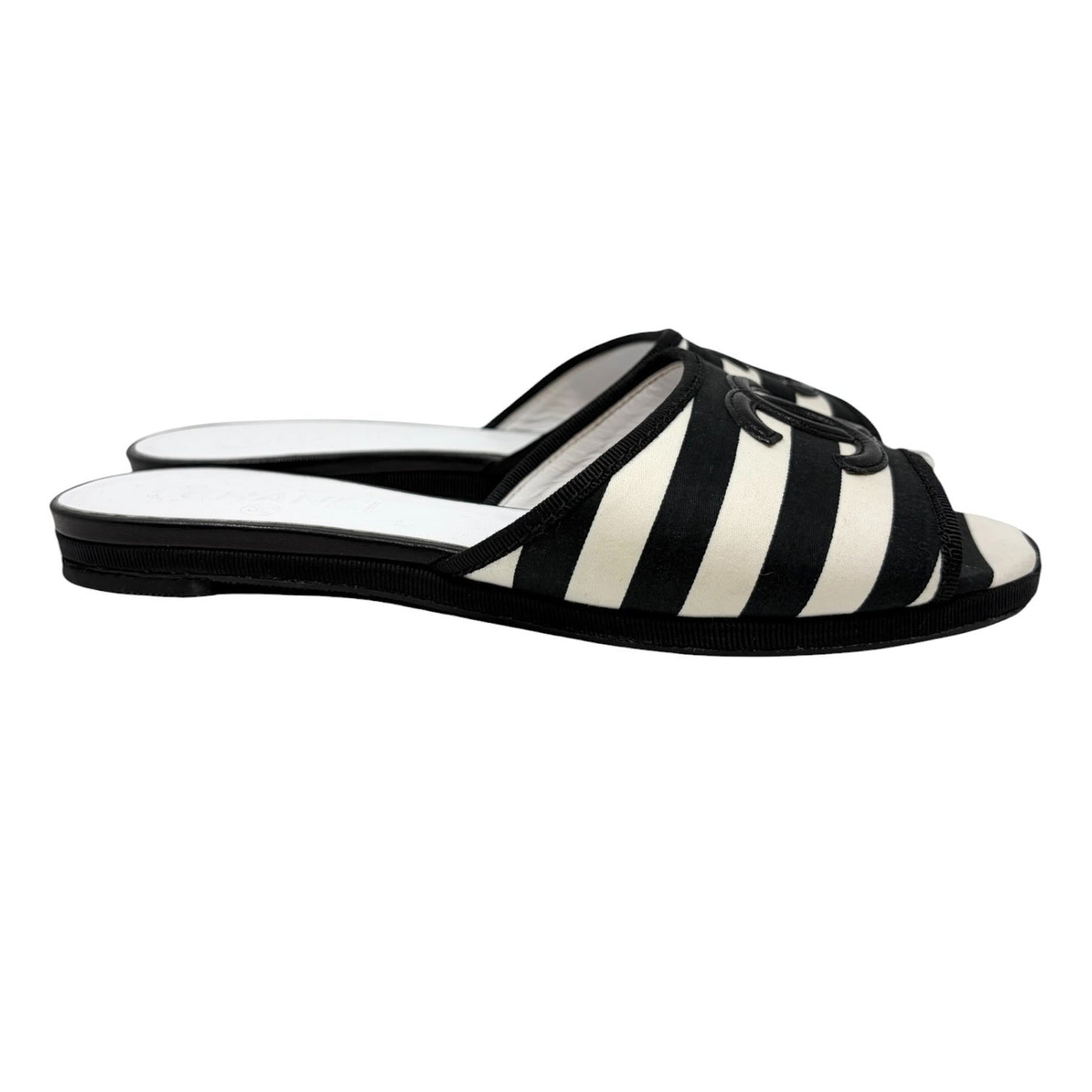 CHANEL Vintage CC Stripe Flat Slide Sandals #37 Black Cotton Leather 902236