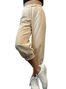 CHANEL Vintage 01A Coco Mark Logo Pants #38 Light Beige Silver Zip RankAB