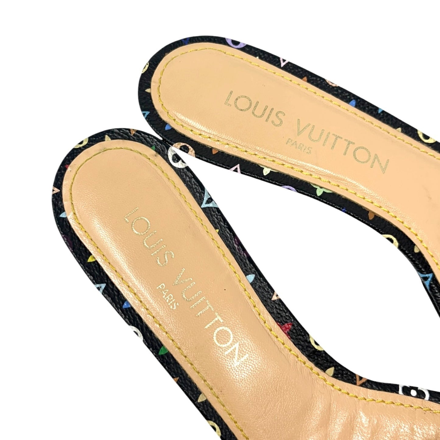 LOUIS VUITTON Vintage Monogram Multicolor Sandals Heels #37.5 Black Beige