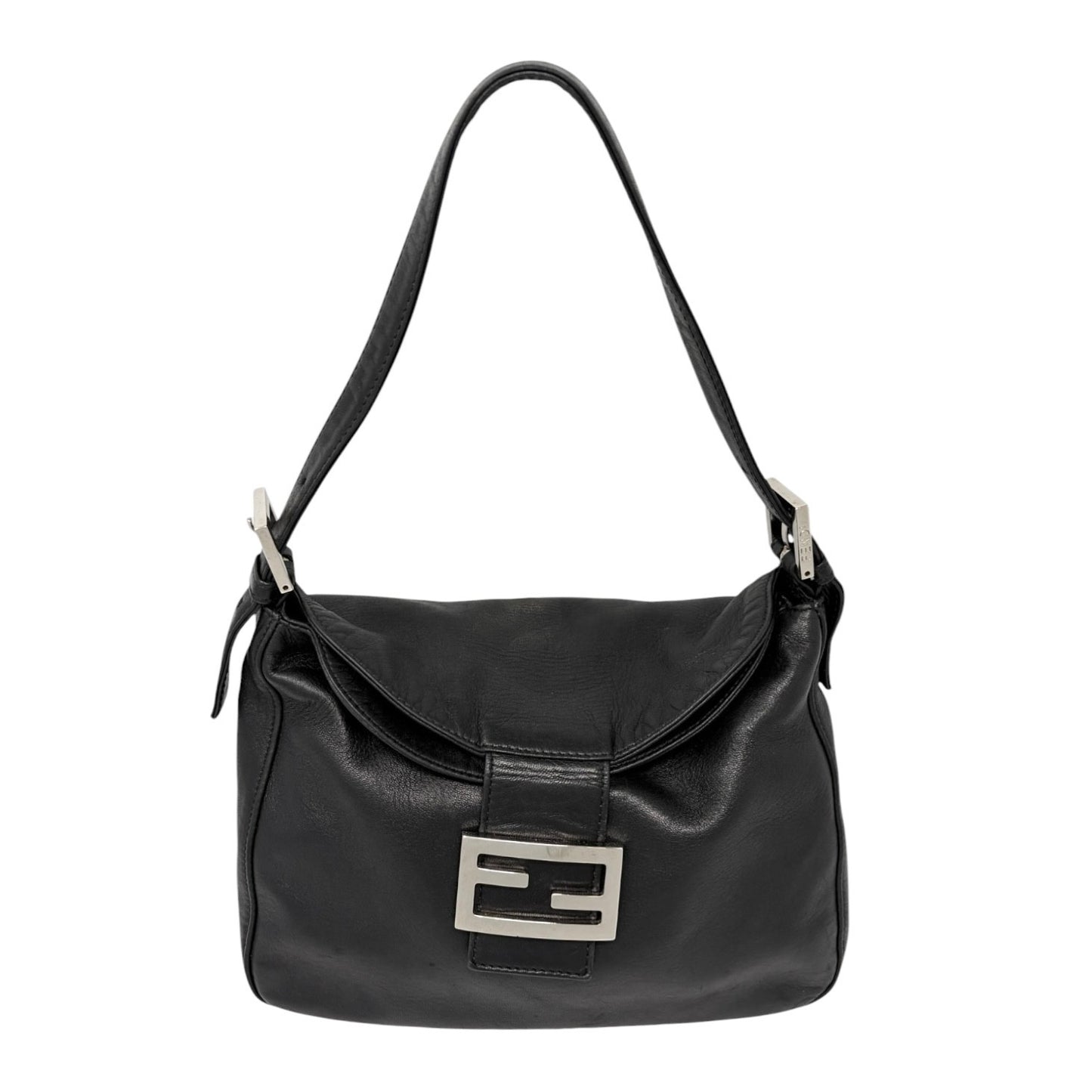 FENDI Vintage FF Logo Shoulder Bag Lambskin Black Silver Leather Metal