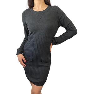 CHANEL Vintage P39367 CC Mark Back Logo Knit Dress #42 Dark Gray Wool RankAB