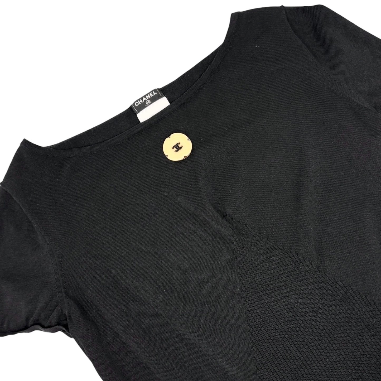 CHANEL Vintage P40798 CC Logo Camelia Knit T-shirt Top #42 Black White 901832