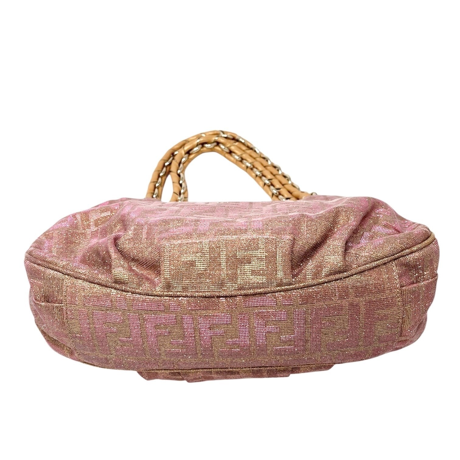FENDI Vintage FF Logo Zucca Monogram Shoulder Bag Glitter Pink Beige Cotton