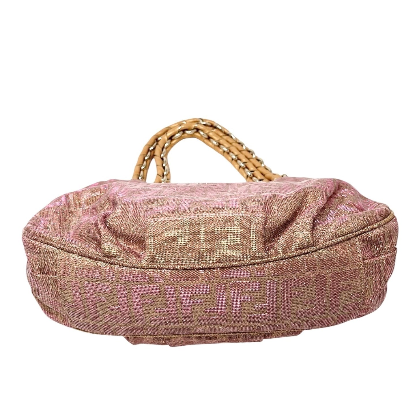 FENDI Vintage FF Logo Zucca Monogram Shoulder Bag Glitter Pink Beige Cotton