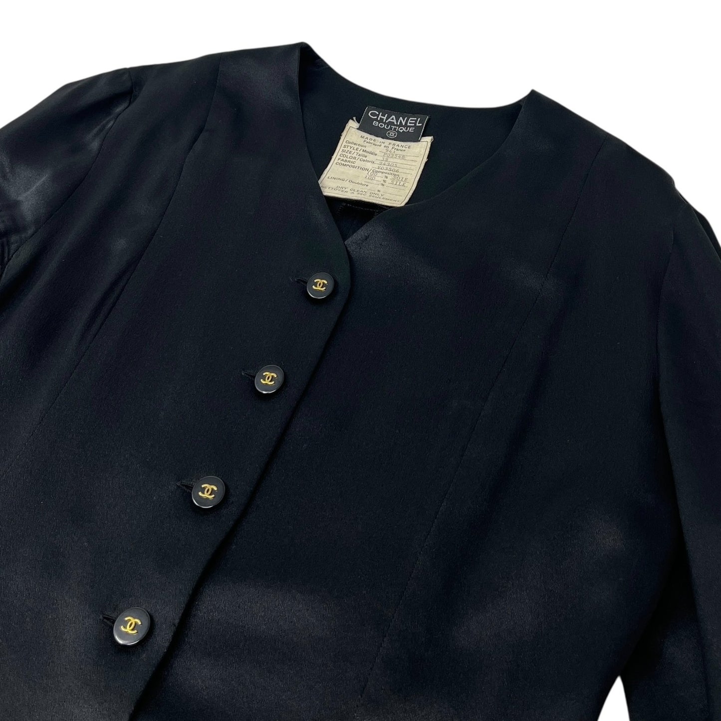 CHANEL Vintage 94A CC Logo Silk Shirt Top #38 Blouse Button V-neck Black Gold