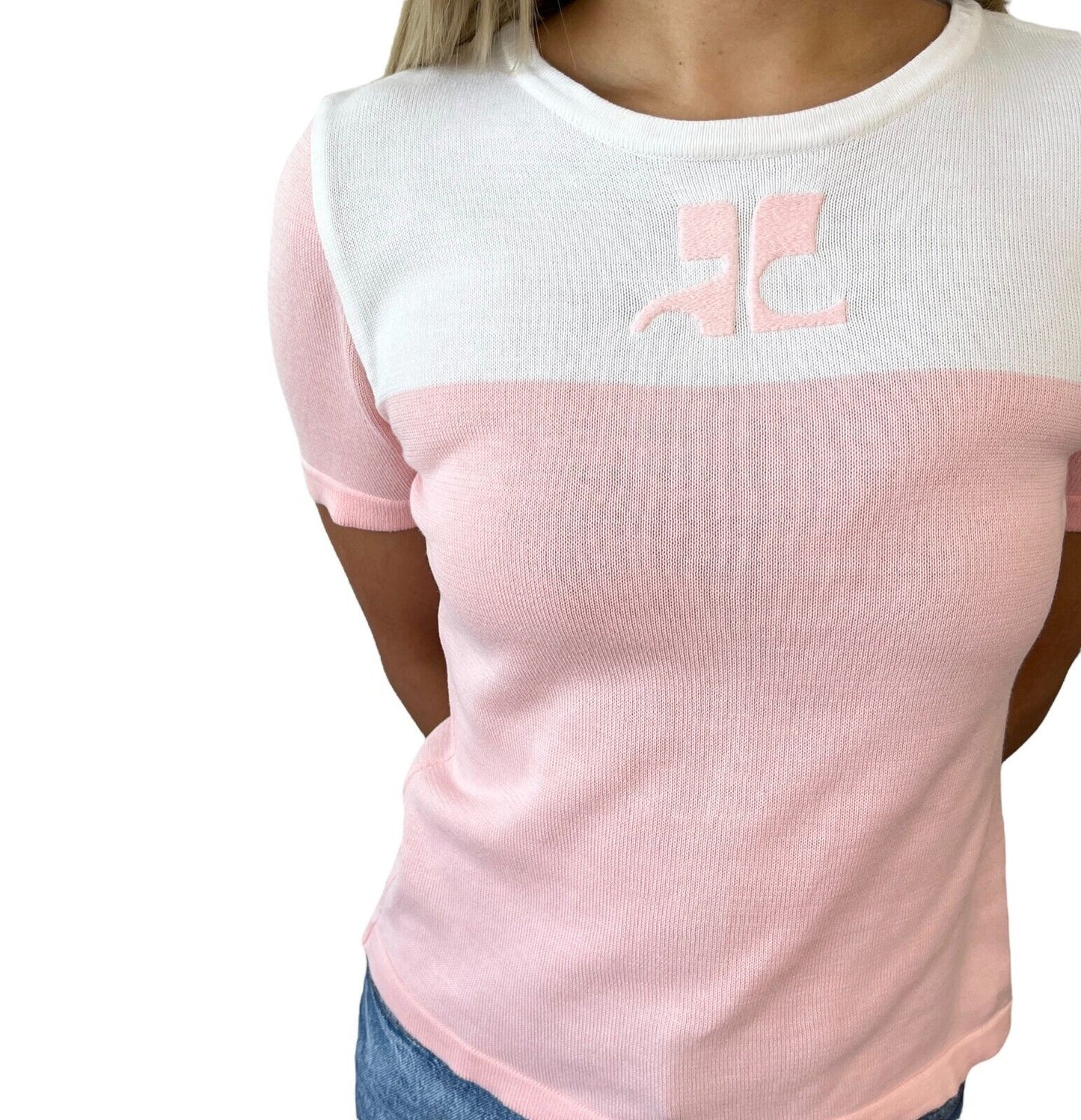 Courreges Vintage Logo Bicolor Knit T-shirt #9R Top Pink White Cotton Rank AB
