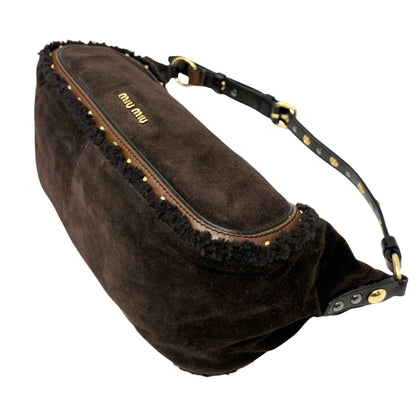 miumiu Vintage Shearling Studded Shoulder Bag Suede Boa Brown Gold 902328