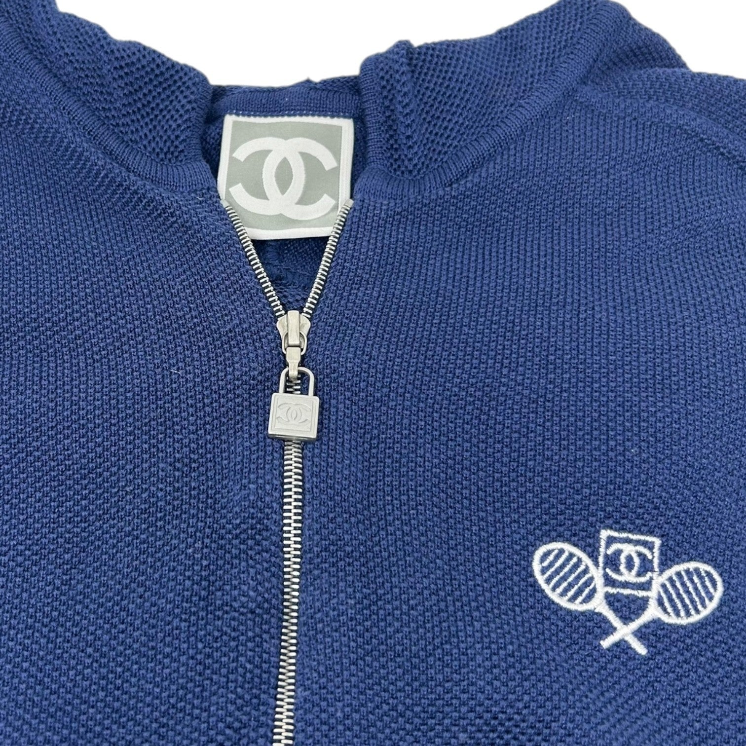 CHANEL Sport Vintage 05P CC Tennis Zipped Hoodie Jacket #38 Dark Blue Cotton