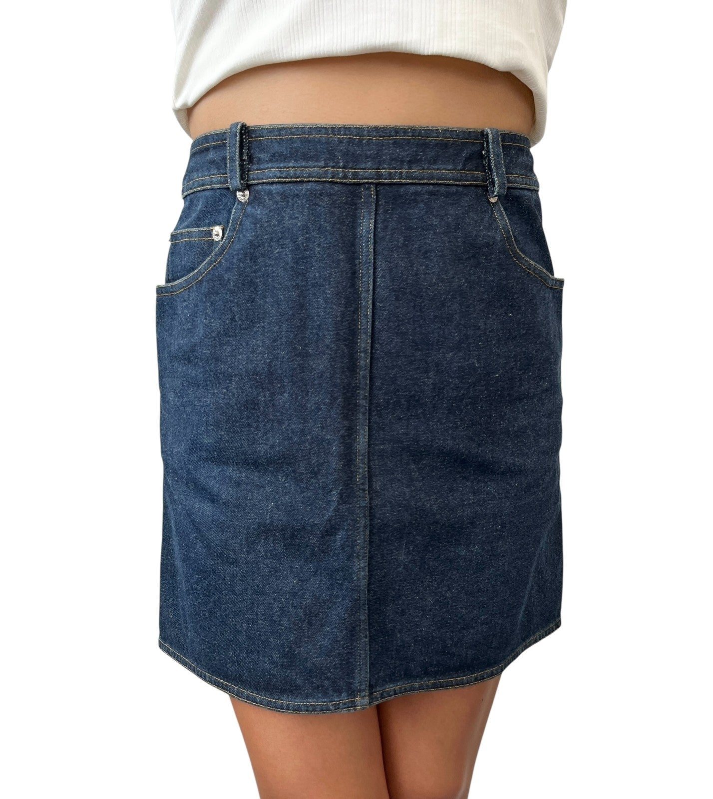 CHANEL Vintage 96P CC Mark Logo Denim Skirt #36 Dark Blue Yellow Cotton