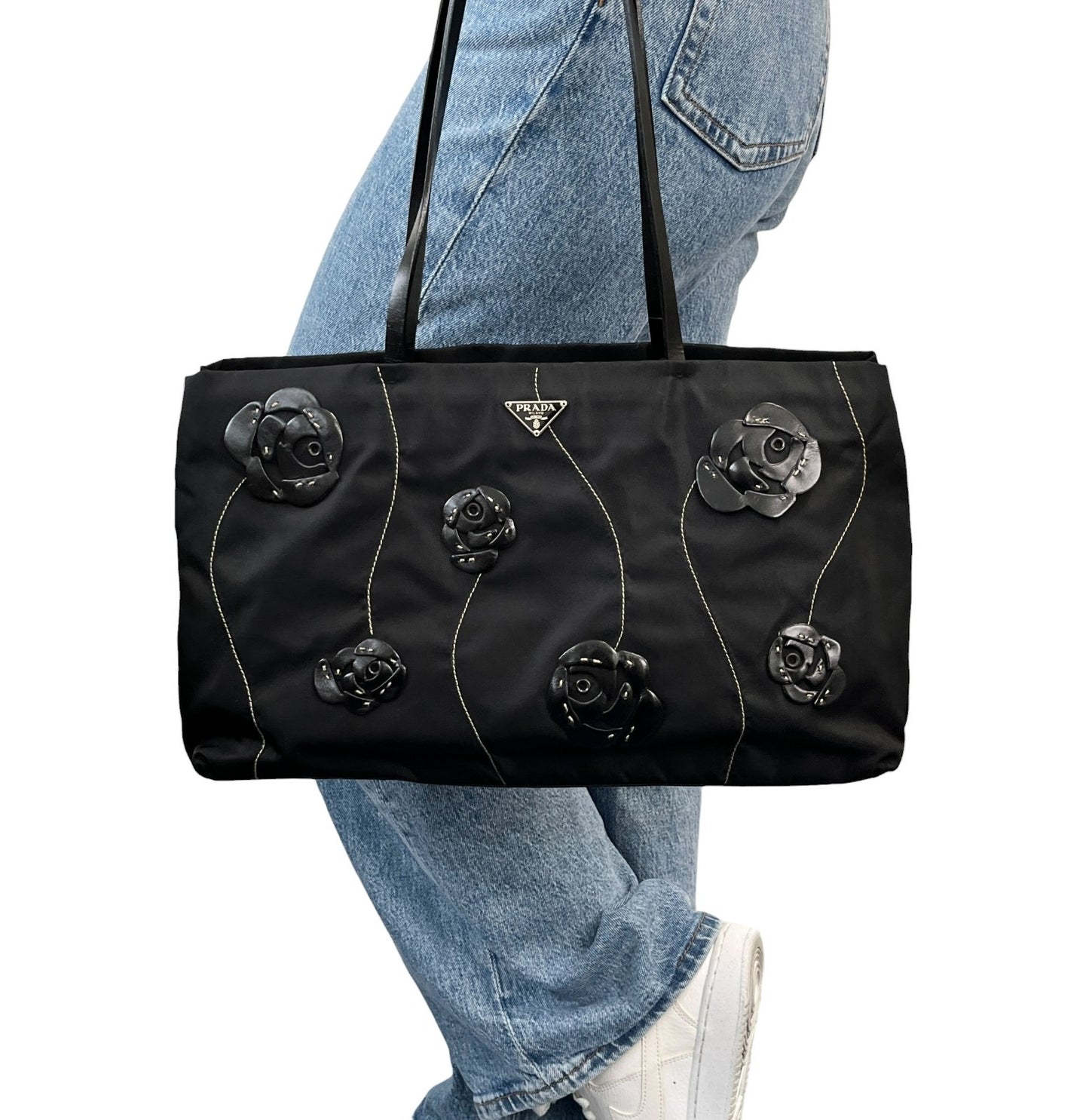 PRADA Vintage Logo Tessuto Nylon Fiori Shoulder Bag Black Gold Rose Leather