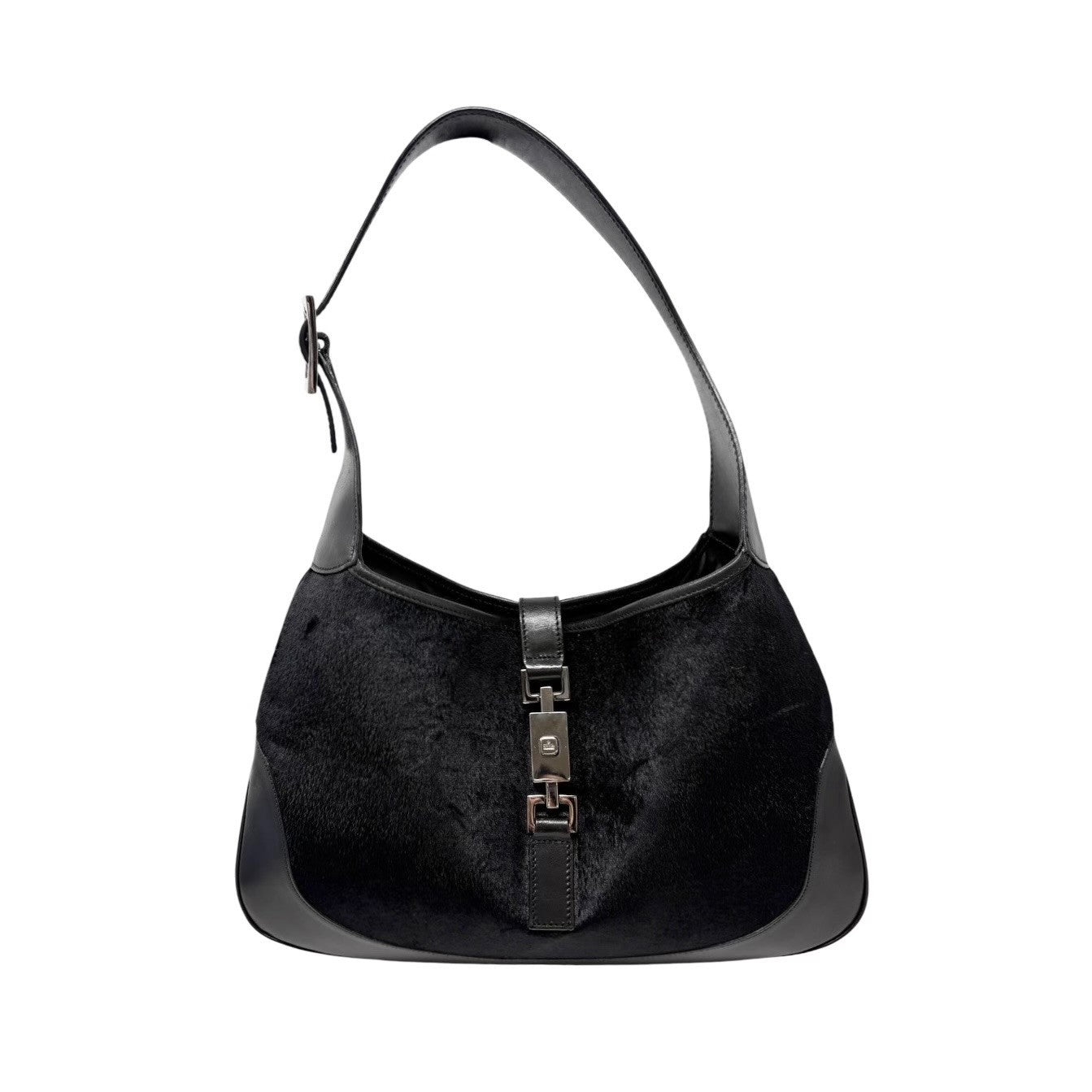 GUCCI Vintage Jackie Logo Velvet Hobo Shoulder Bag Handbag Black Silver Leather