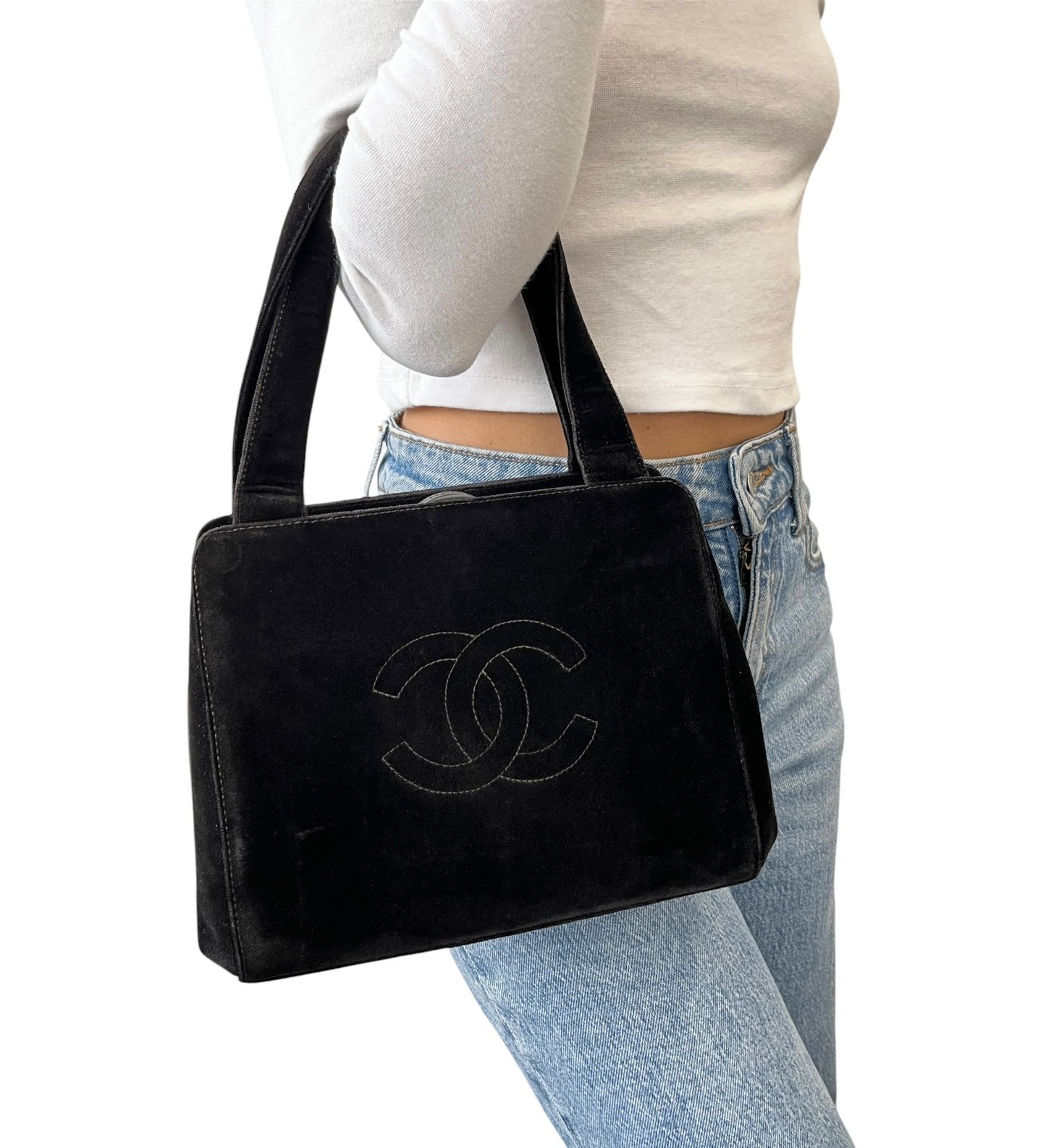CHANEL Vintage CC Logo Stitch Trapezoid Tote Bag Handbag Black Velour 902222