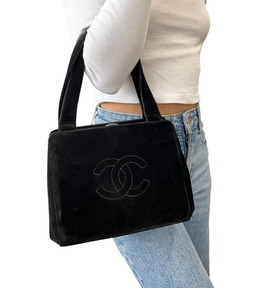 CHANEL Vintage CC Logo Stitch Trapezoid Tote Bag Handbag Black Velour 902222