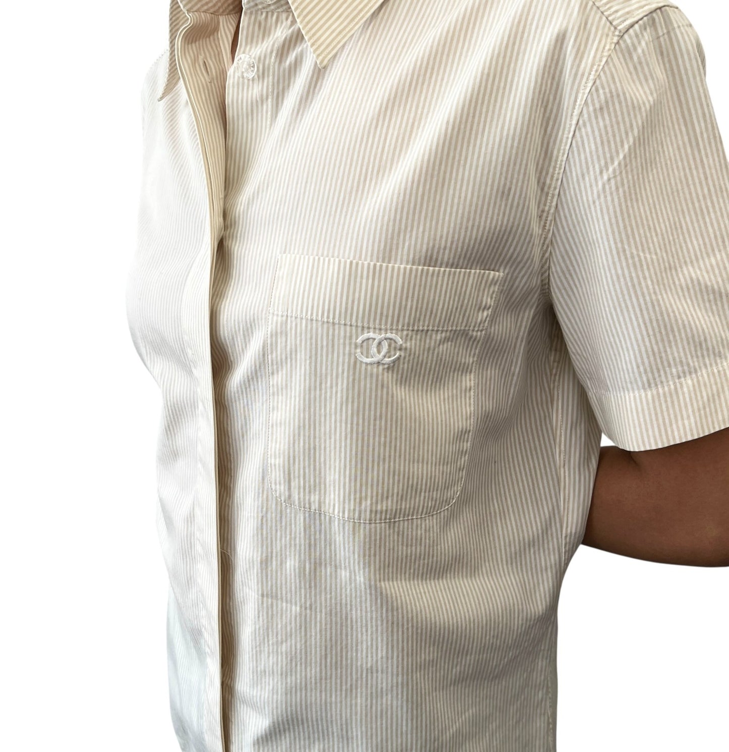 CHANEL Vintage 99P CC Logo Button Up Shirt Top Short Sleeve #40 Beige Pocket
