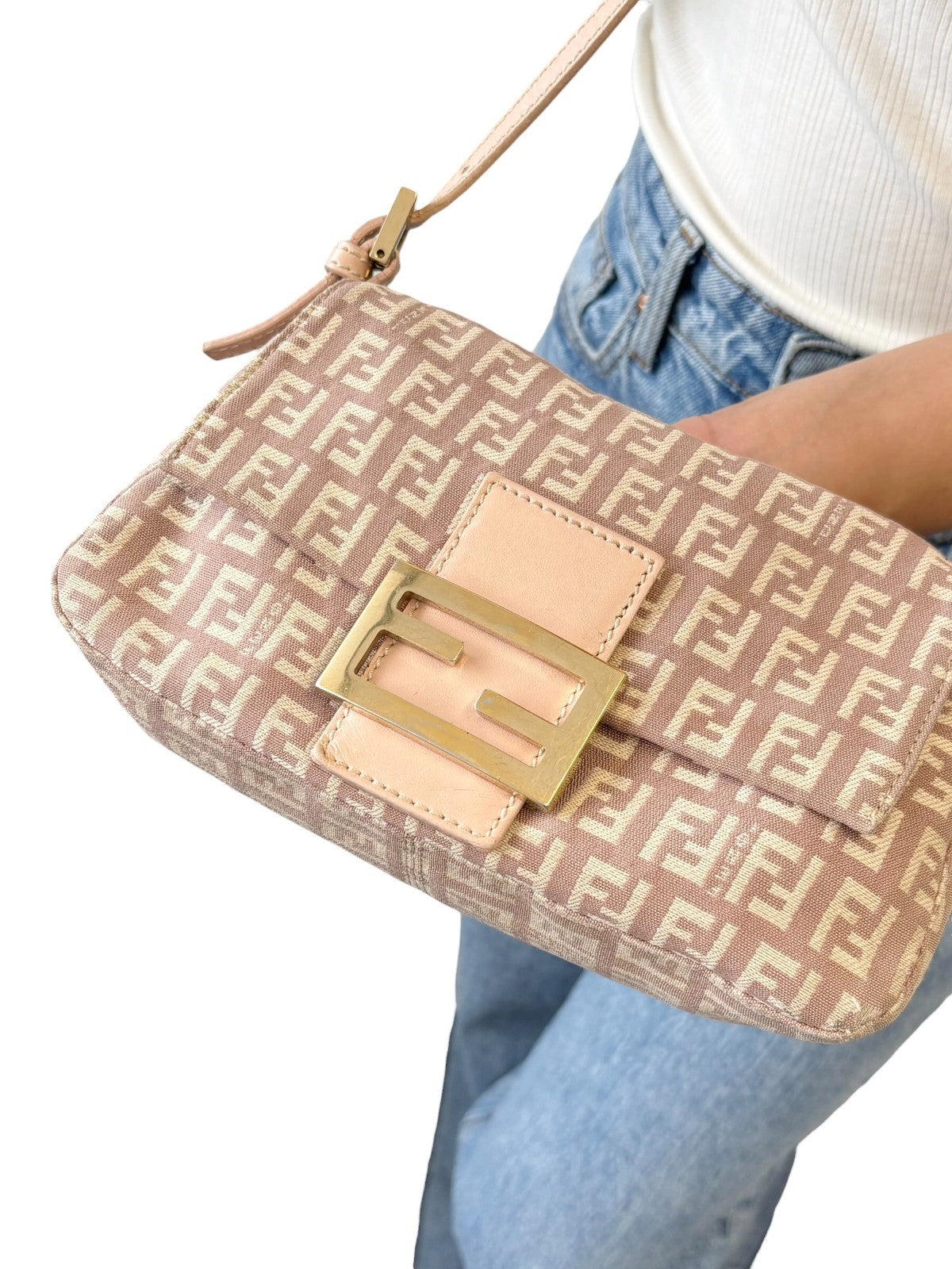 FENDI Vintage Zucchino Mamma Baguette Canvas Shoulder Bag Pink Leather 902201