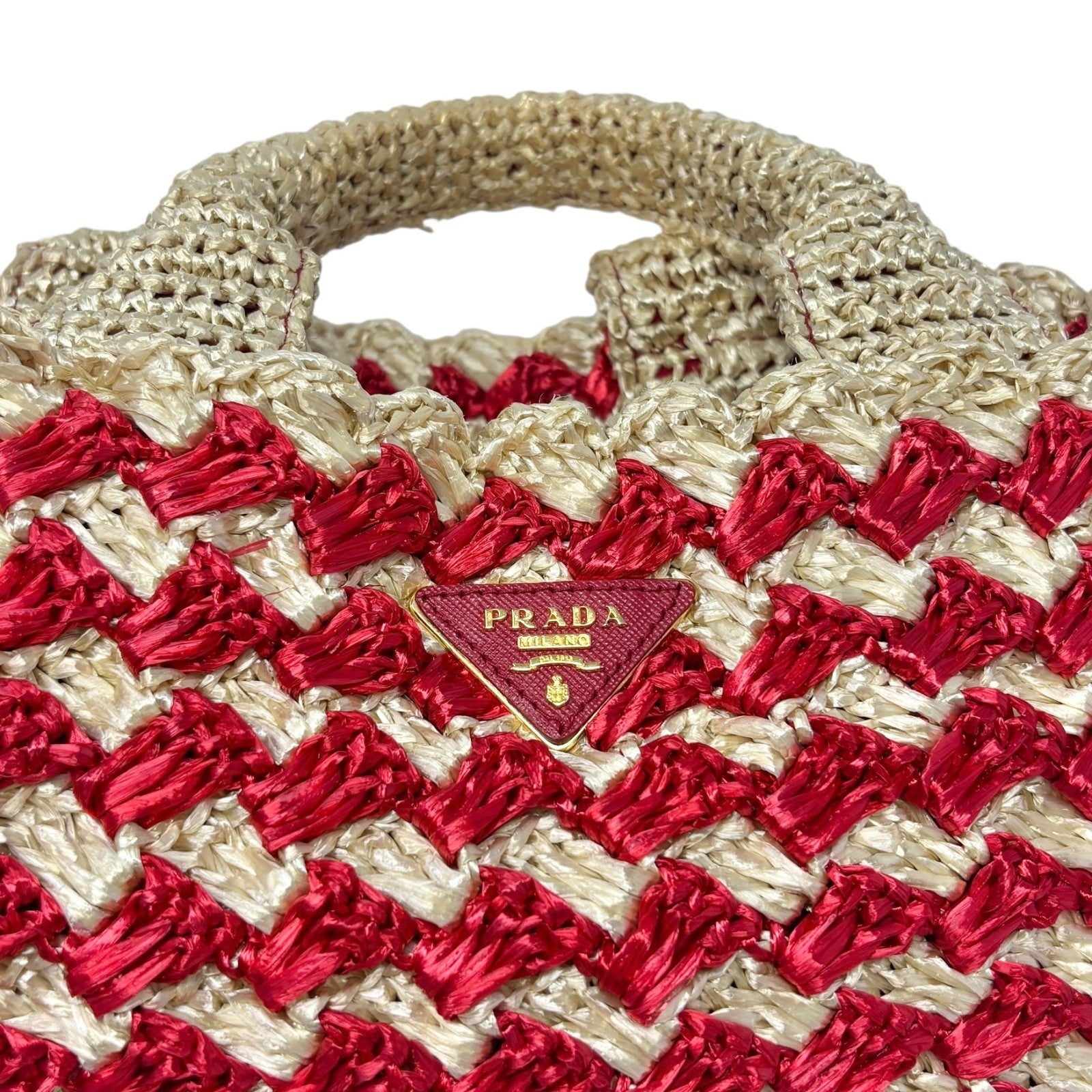 PRADA Vintage Logo Raffia Tote Bag Handbag Red Cream Gold Polyethylene