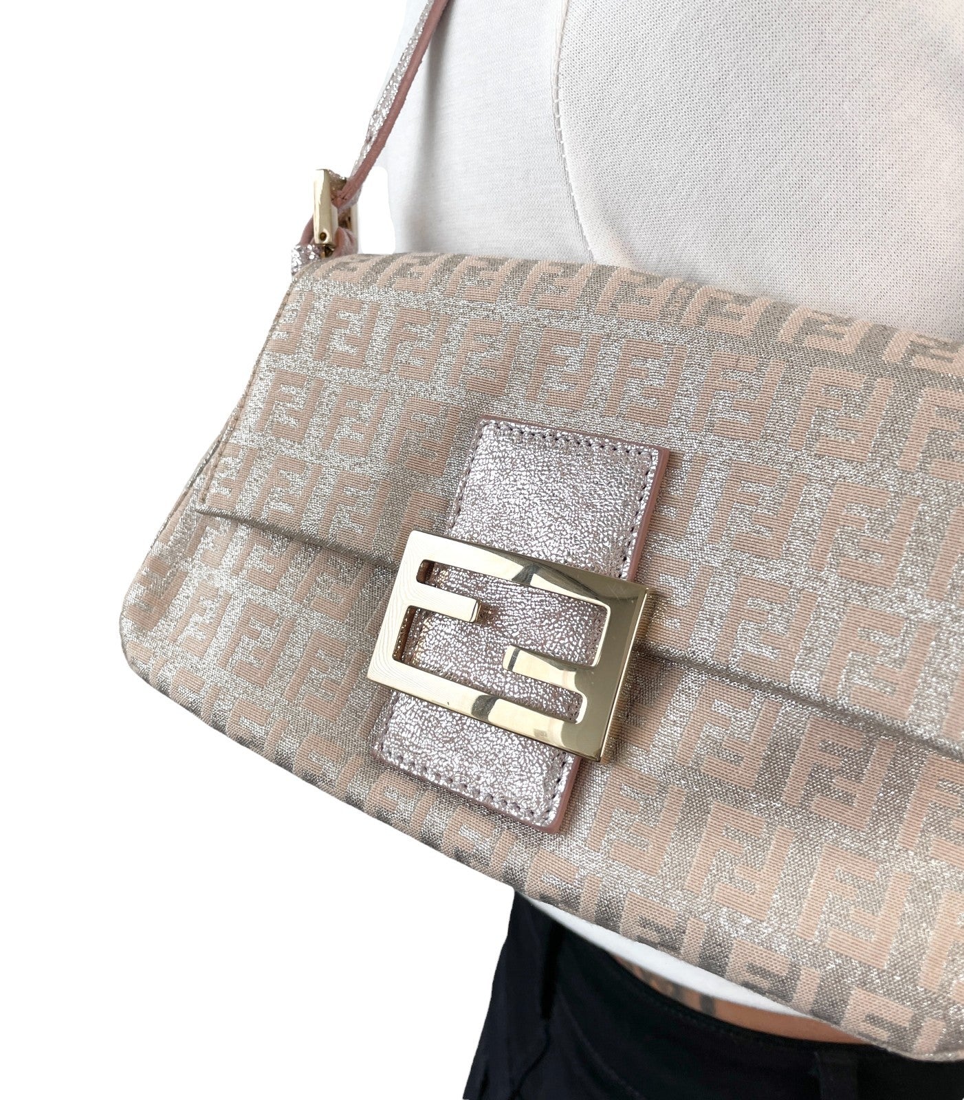 FENDI Vintage FF Zucchino Mini Mamma Baguette Shoulder Bag Pink Silver 902294