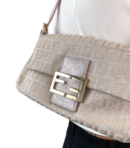 FENDI Vintage FF Zucchino Mini Mamma Baguette Shoulder Bag Pink Silver 902294