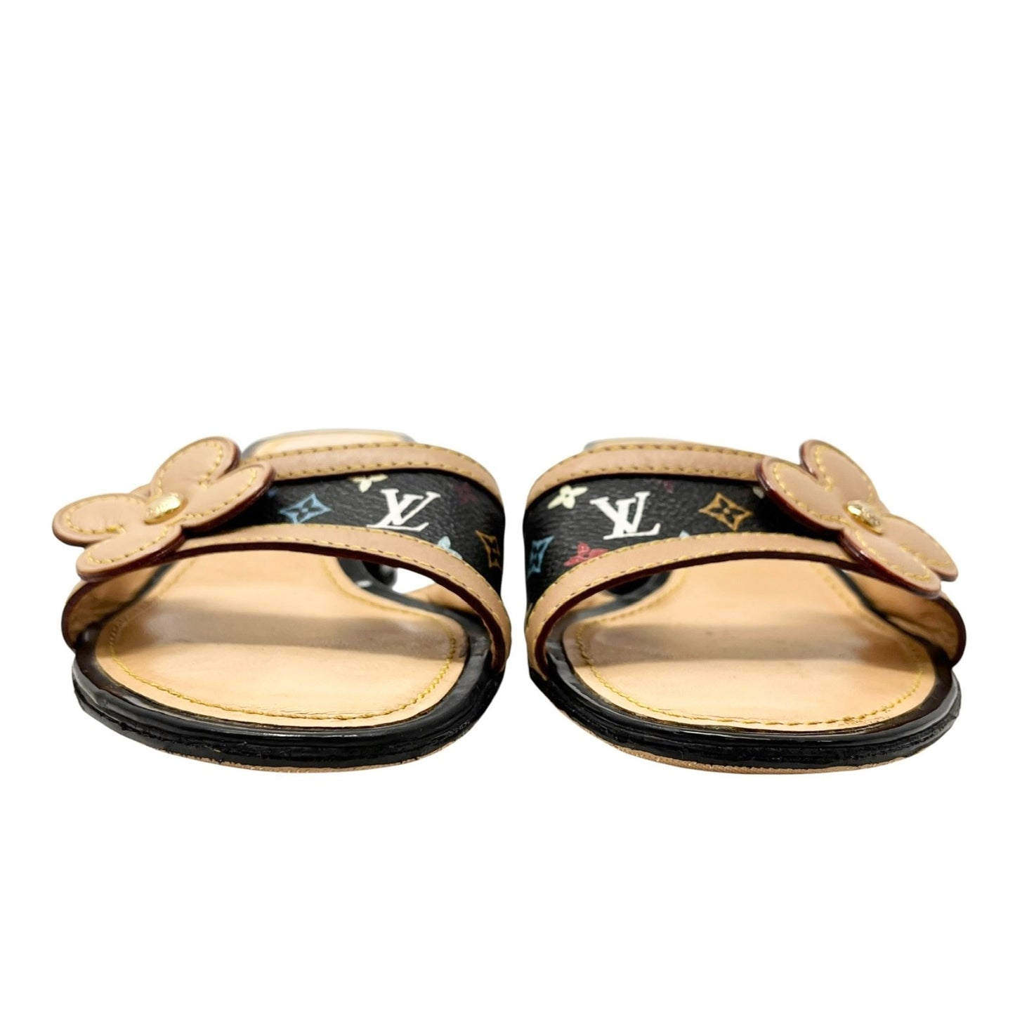 LOUIS VUITTON Vintage Multicolor Monogram Sandals Heels #36.5 Flower Black Beige