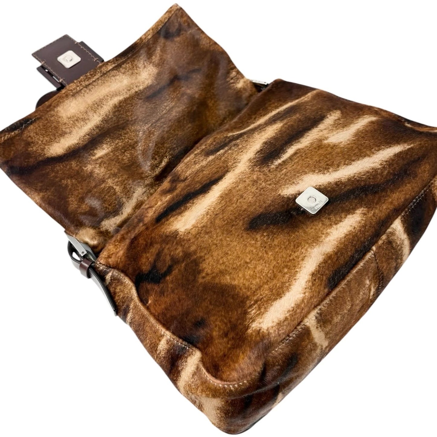 FENDI Vintage FF Logo Mamma Baguette Pony Calf Hair Shoulder Bag Brown Leather