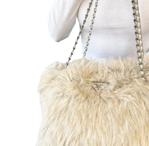 PRADA Vintage Logo Chain Tote Bag Medium Cream Silver Faux Fur Leather Rank AB