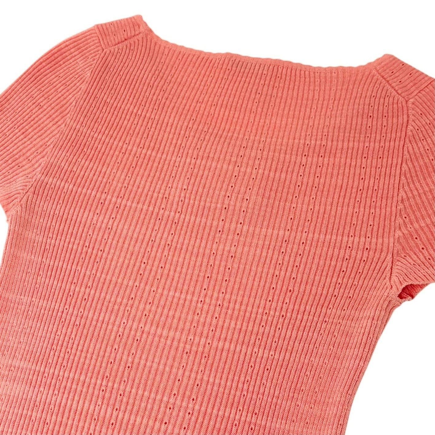CHANEL Vintage 09P CC Logo Rib Knit T-shirt Top #36 Salmon Pink Cotton 901988