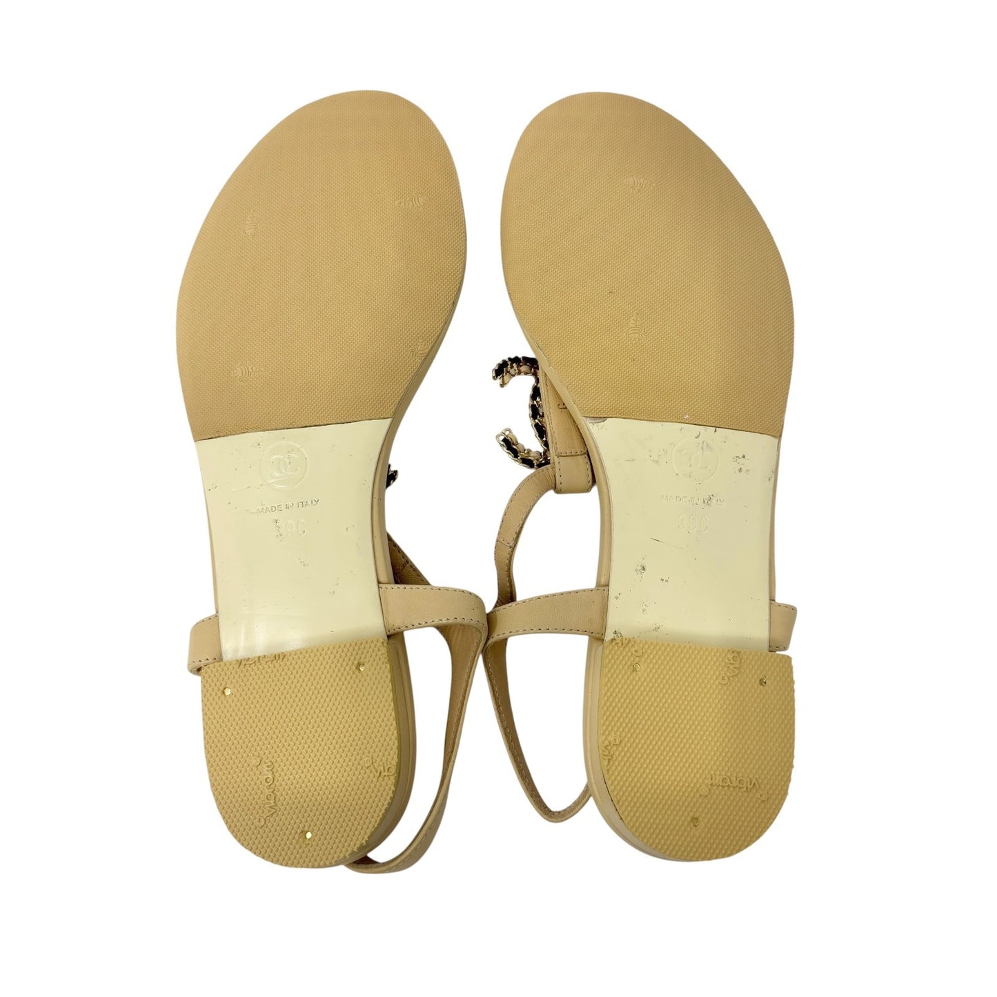 CHANEL Vintage CC Logo Thong Sandals Heels #39 Cream Gold Black Leather
