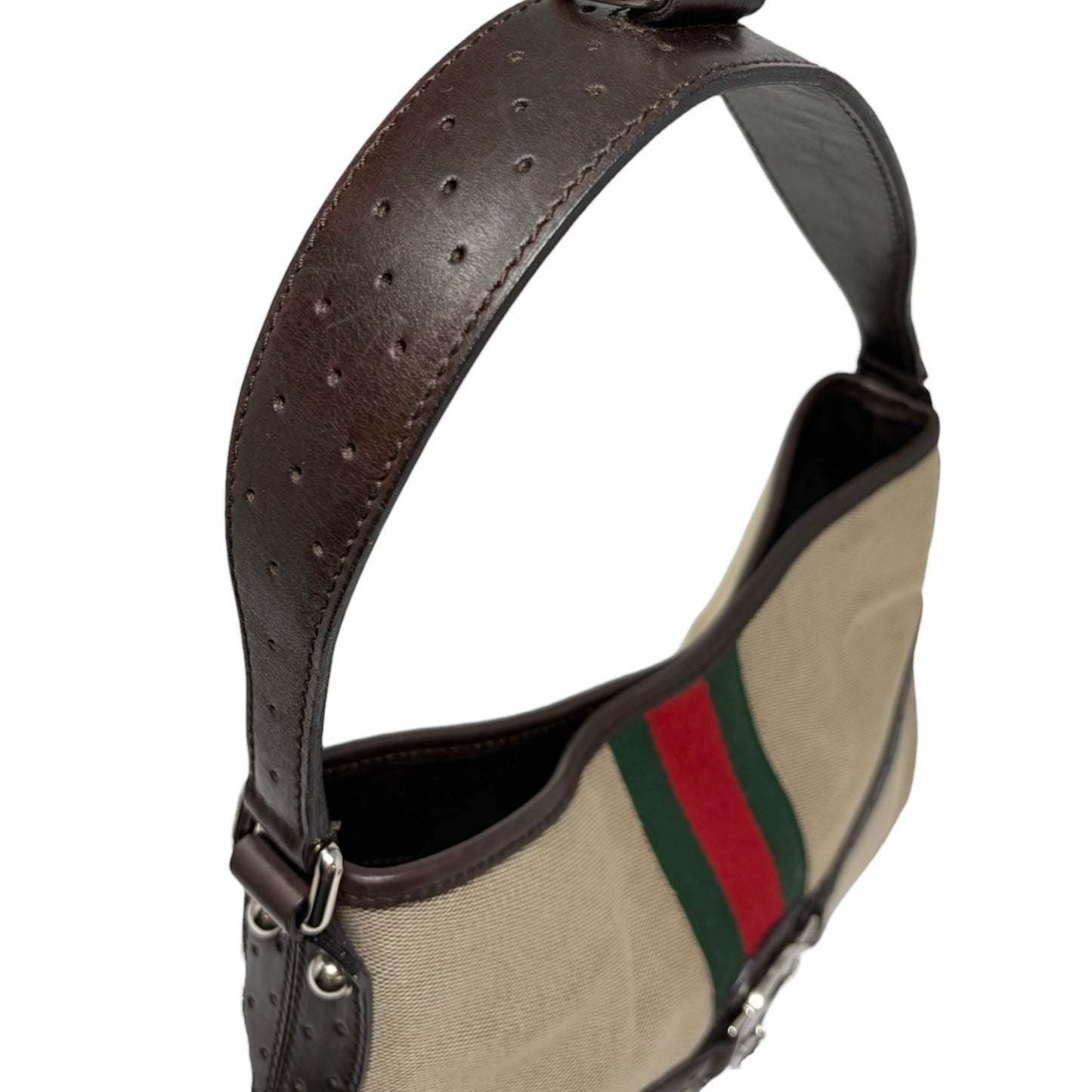 GUCCI Vintage GG Logo Interlocking Web Stripe Canvas Hobo Bag Brown 902209