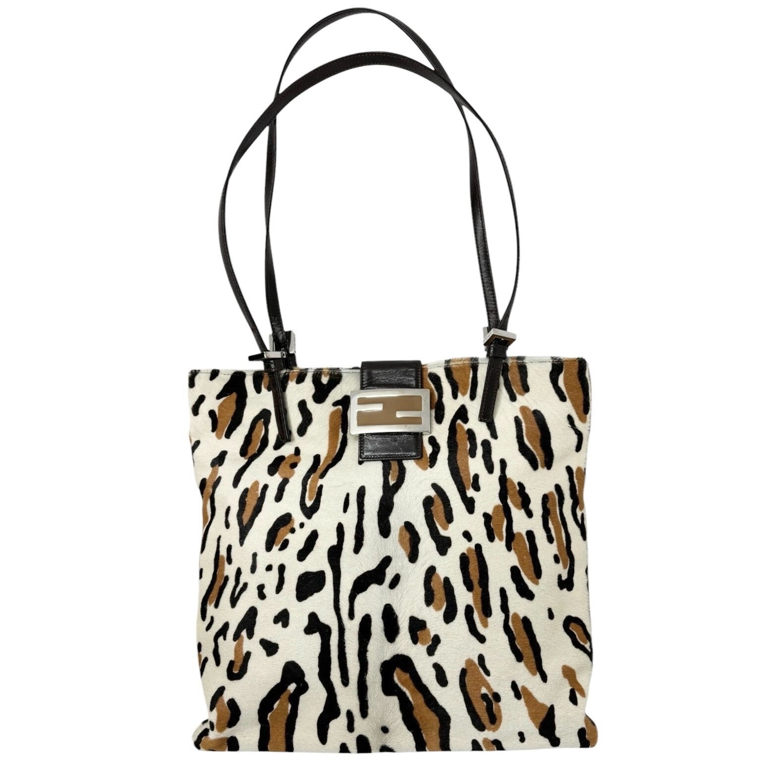 FENDI Vintage FF Logo Mamma Baguette Tote Bag Animal Print White Calf Hair