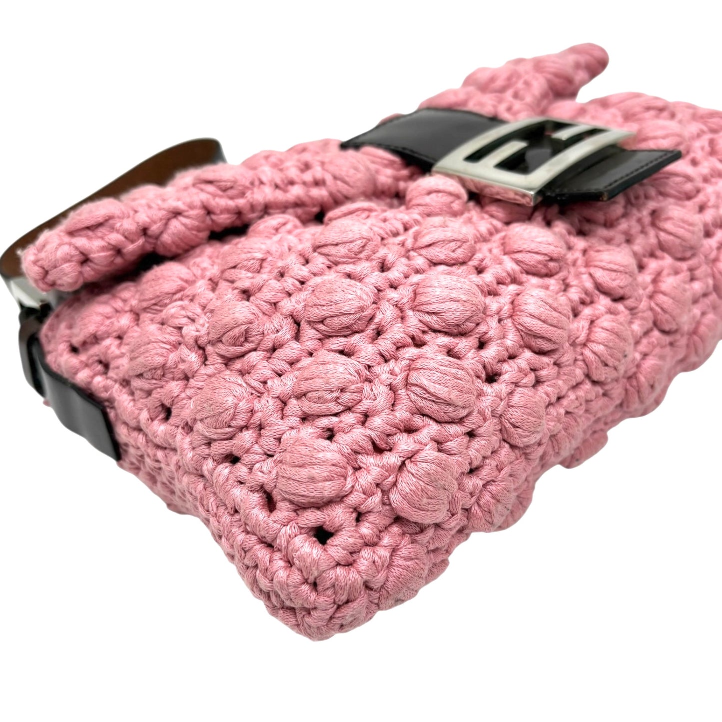 FENDI Vintage FF Logo Crochet Mamma Baguette Shoulder Bag Knit Pink Brown Wool