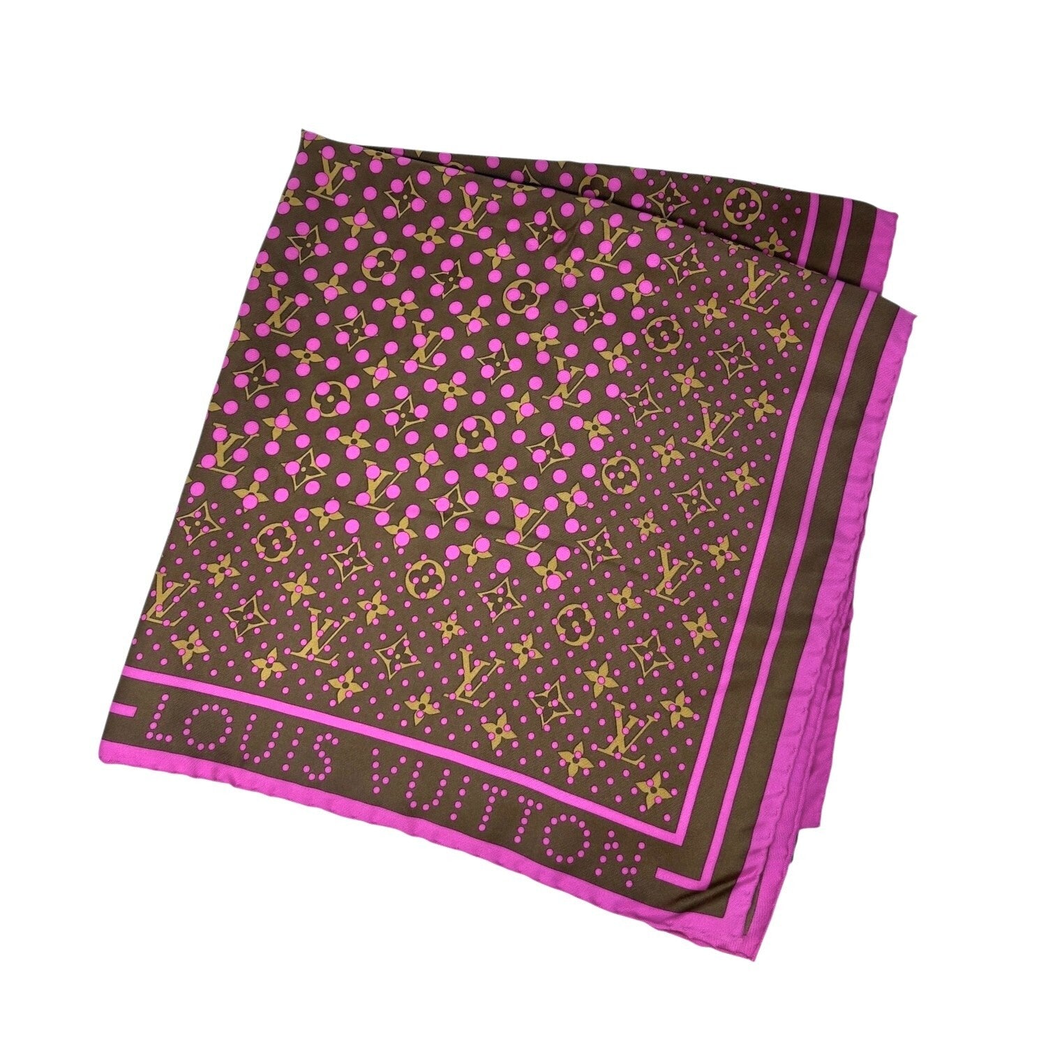 LOUIS VUITTON Vintage LV Logo Monogram Scarf Wrap Shawl Brown Pink Dot Silk