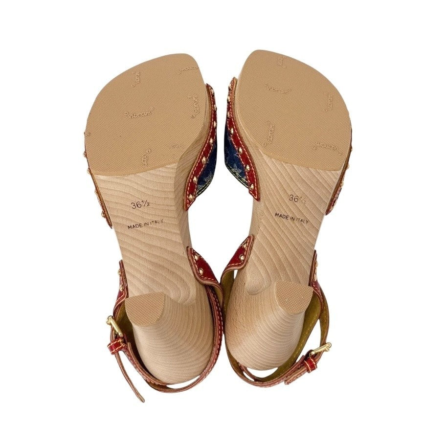 LOUIS VUITTON Vintage Logo Monogram Sandals Heels #36.5 Blue Red Leather