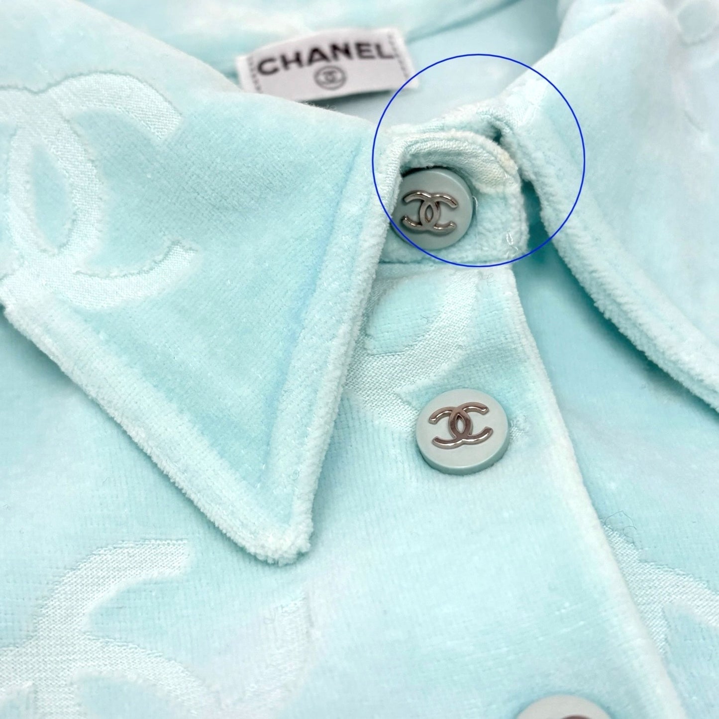 CHANEL Vintage 96A CC Logo Snap Button Velour Shirt Top #38 Light Blue