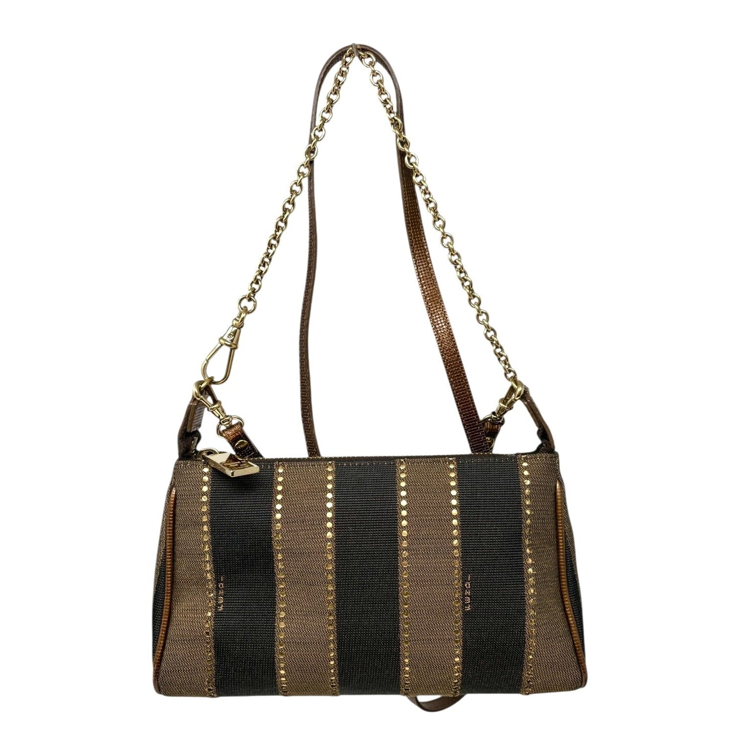FENDI Vintage Logo Striped Canvas Shoulder Crossbody Bag Brown Black 2way Chain