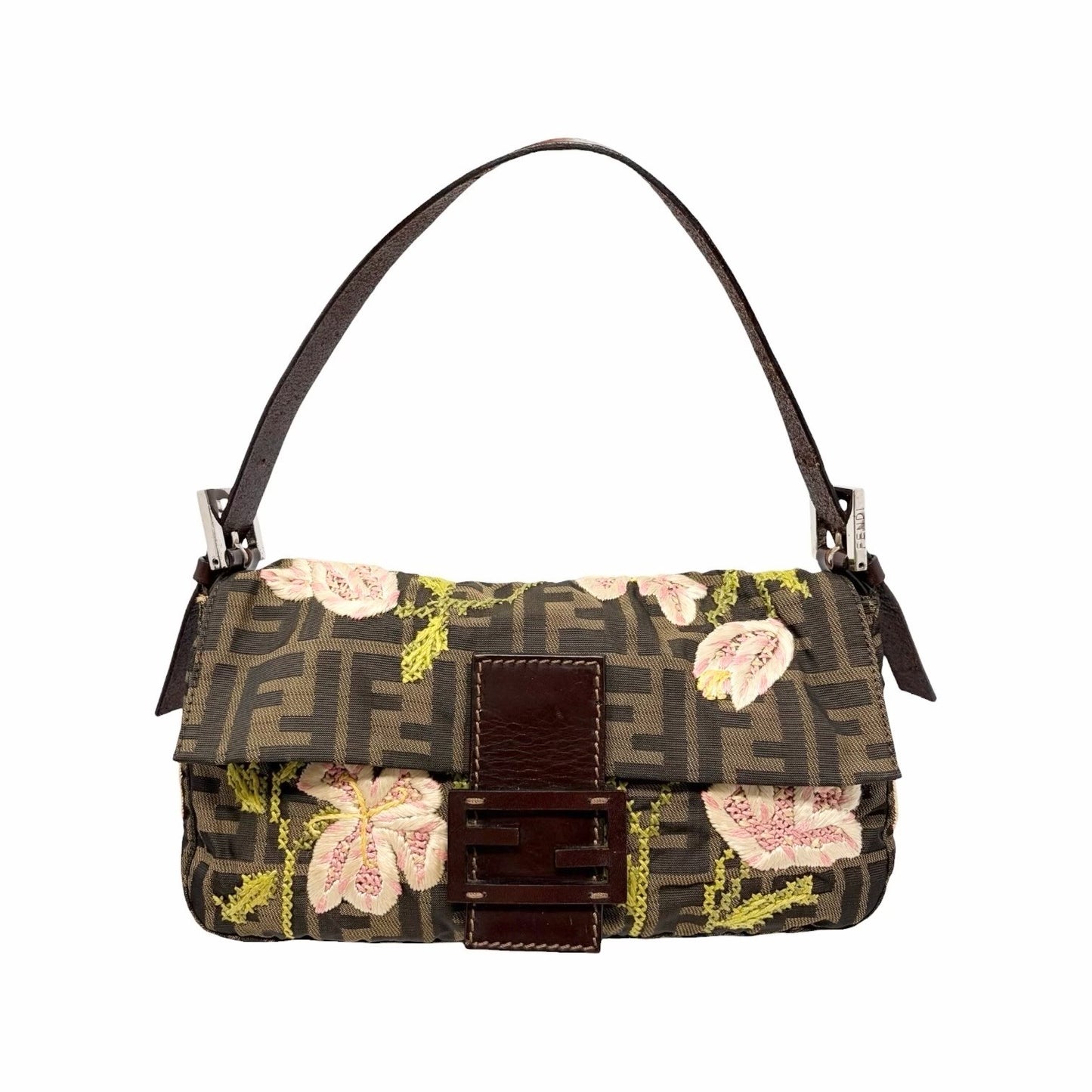 FENDI Vintage FF Zucca Mamma Baguette Flower Shoulder Bag Canvas Brown 901848