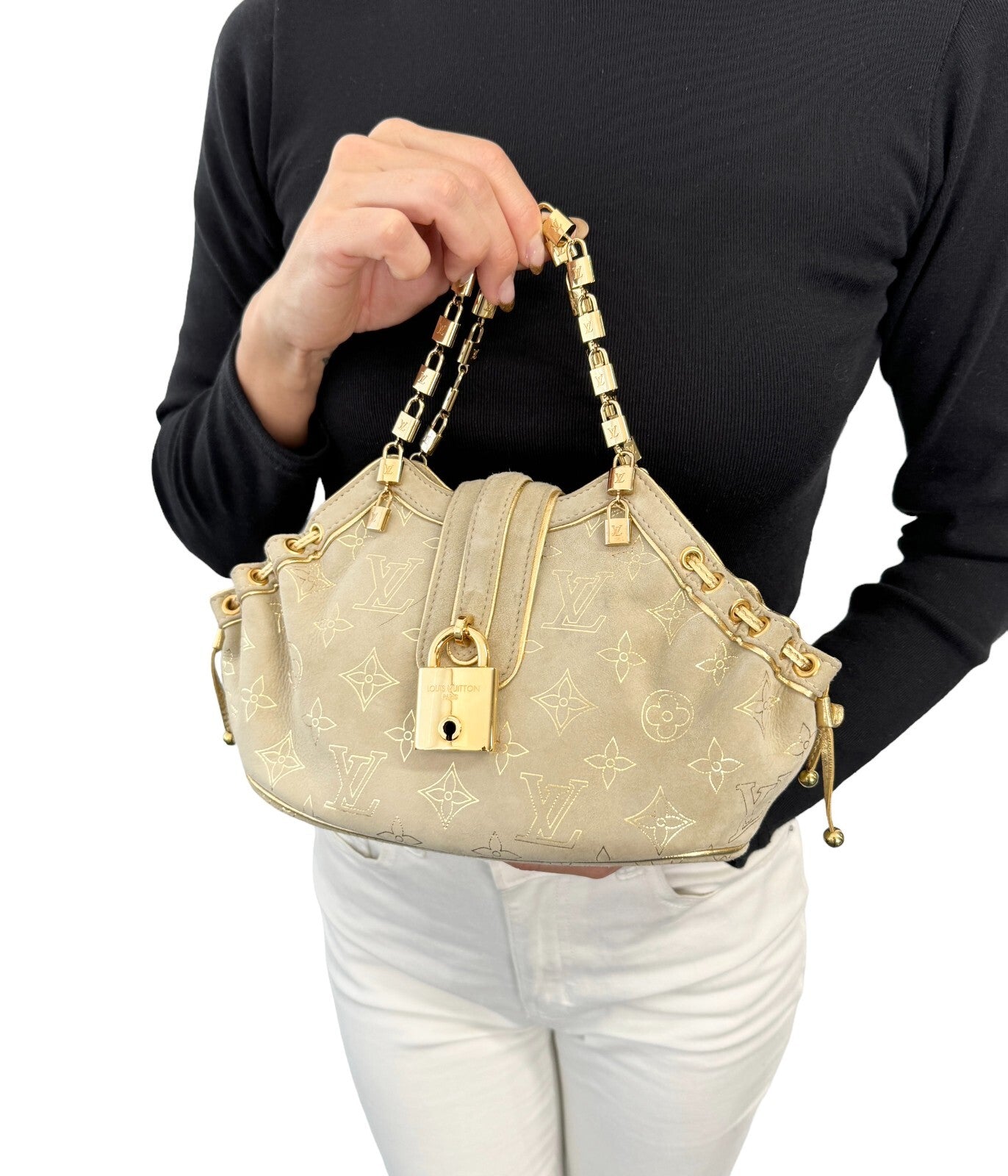 LOUIS VUITTON Vintage LV Monogram Extraordinary Theda Mini Bag Beige Gold Suede