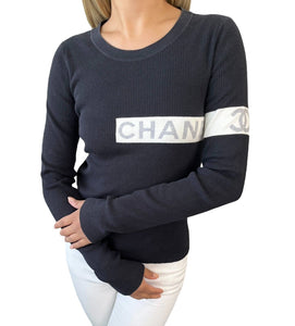 CHANEL Vintage 08P CC Mark Logo Ribbed Sweater Top #34 Cotton Black RankAB