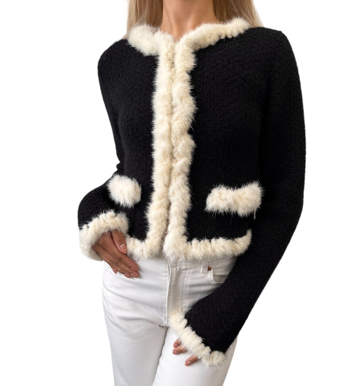 CHANEL Vintage 03A CC Logo Button Trim Fur Knit Jacket #38 Black White Mohair