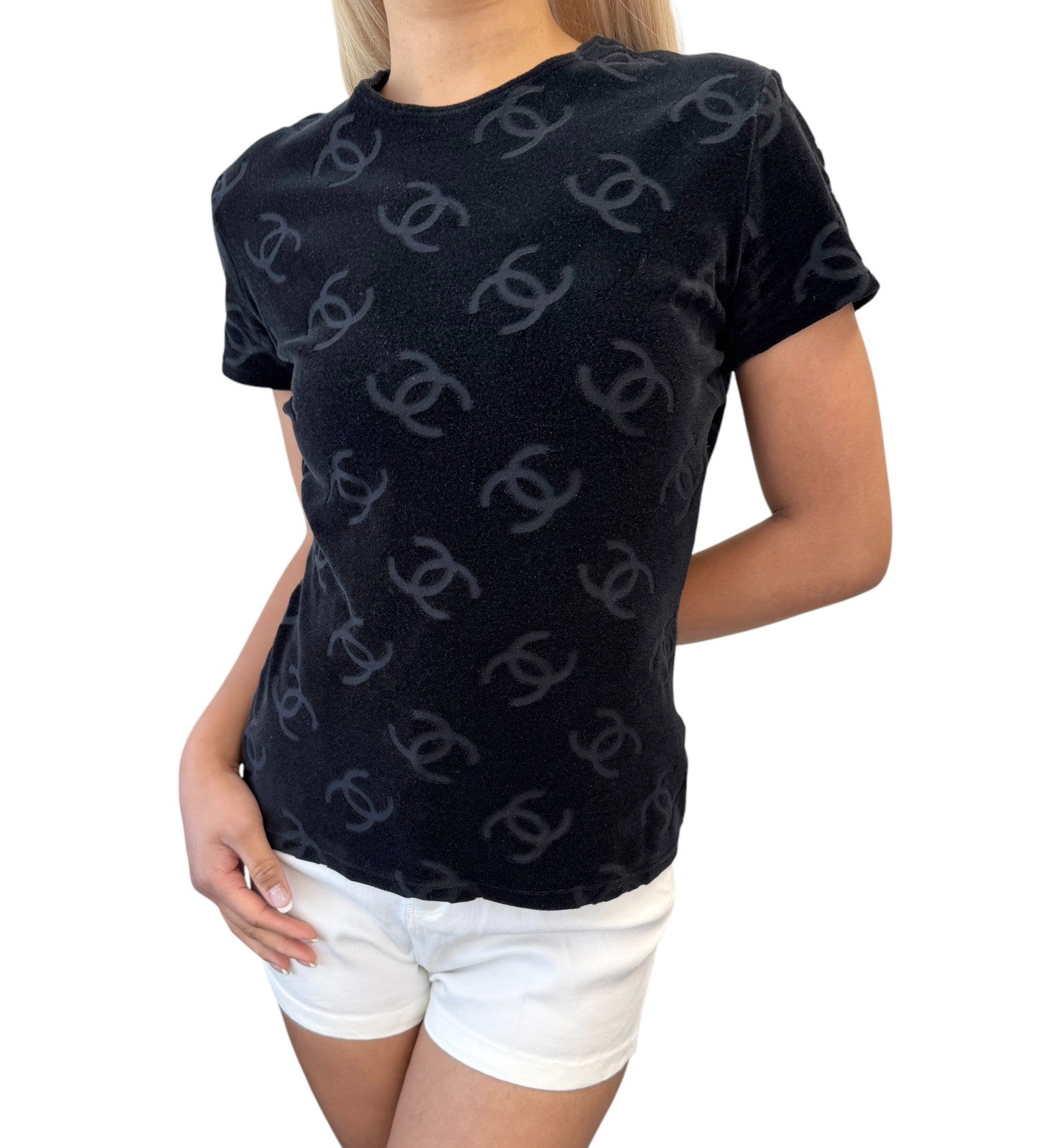 CHANEL Vintage 1996 CC Logo Monogram Velour T-shirt Top #44 Black Cotton