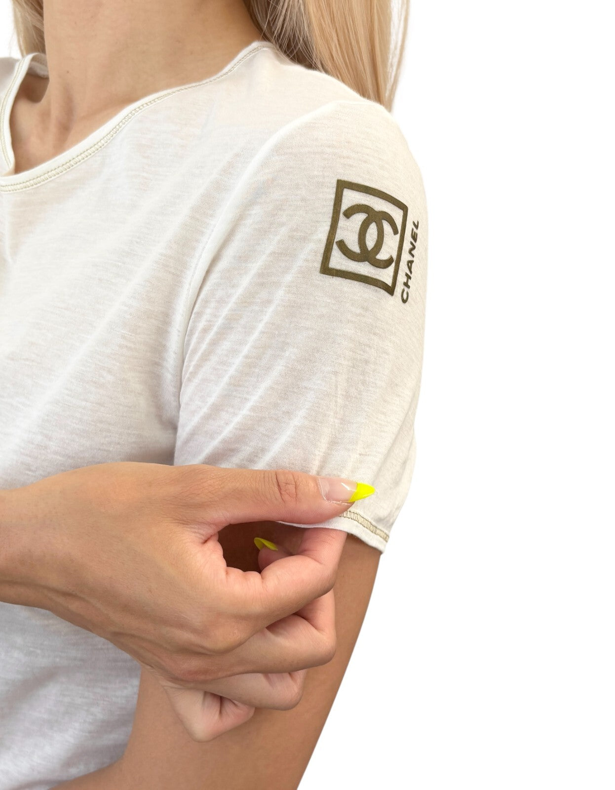 CHANEL Sport Vintage 06P CC Mark Logo T-shirt Top #38 White Gold Cotton
