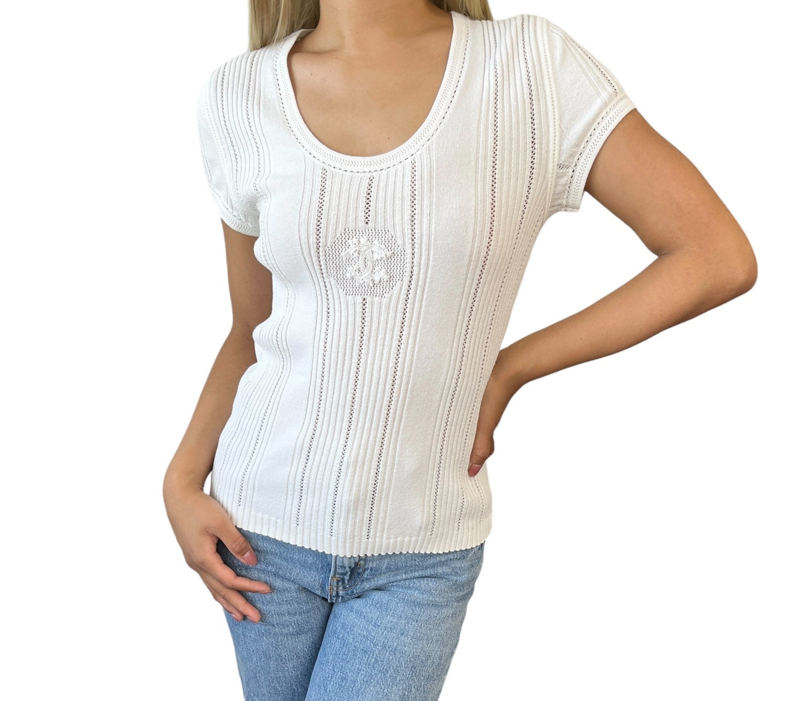 CHANEL Vintage 03P CC Logo Knit Rib T-shirt Top Mesh White Cotton Short Sleeve