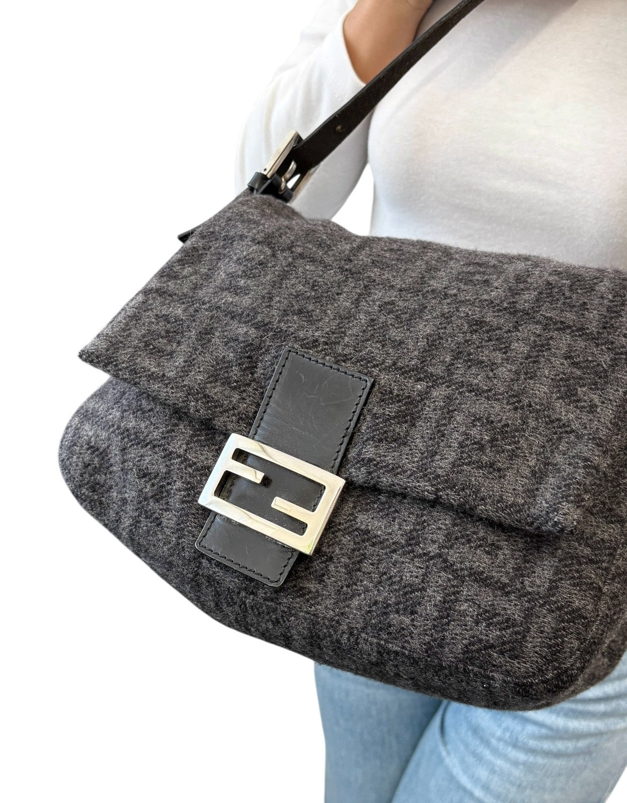FENDI Vintage Zucca FF Logo Mamma Baguette Shoulder Bag Gray Black Wool