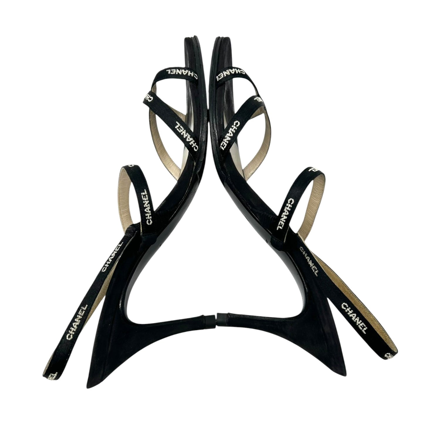 CHANEL Vintage 96C Logo Satin Ribbon Sandals Heels #36 Black White Satin Strap