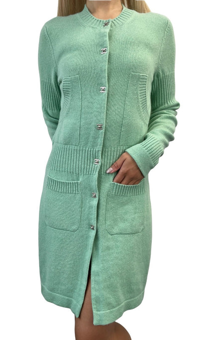 CHANEL Vintage P52425 CC Turnlock Logo Knit Cardigan Dress #38 Cashmere Green
