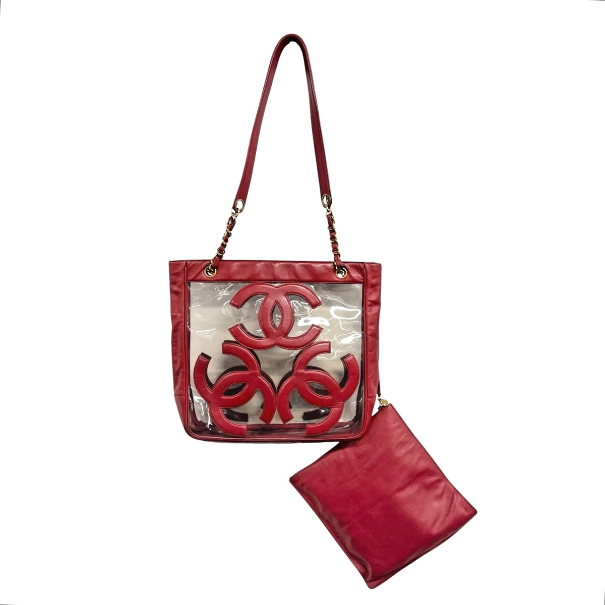 CHANEL Vintage Triple CC Logo Clear Tote Shoulder Bag Red Pouch 902320