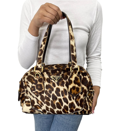 PRADA Vintage Leopard Pony Calf Hair Shoulder Top Handle Bag Cream Brown 902393