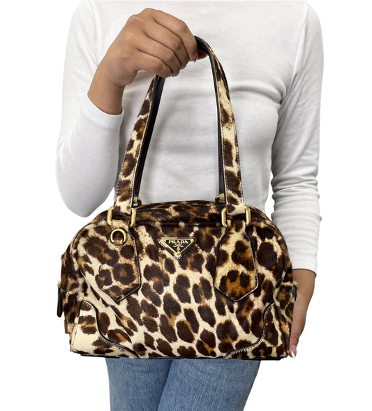 PRADA Vintage Leopard Pony Calf Hair Shoulder Top Handle Bag Cream Brown 902393