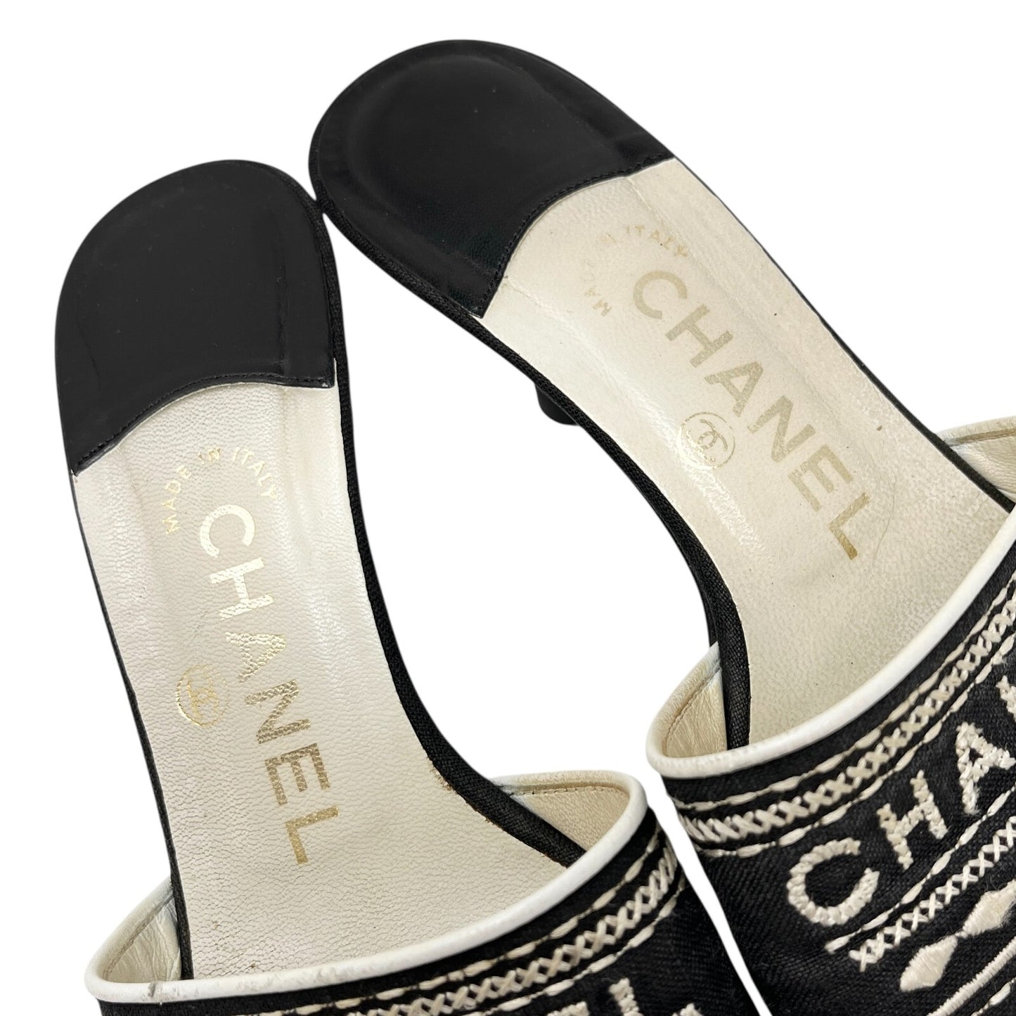CHANEL Vintage CC Mark Logo Sandals Heels #36 Stitch Black White Cotton Leather